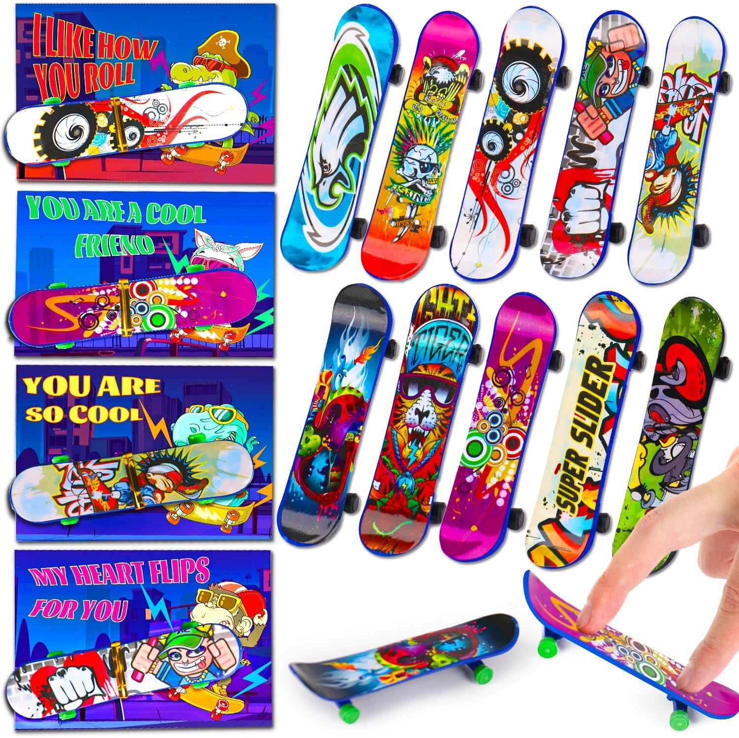 28PCS Finger Skateboards Valentines Day Cards for Kids School Classroom Funny Fidget Toys Valentine Day Exchange Gifts for Toddlers Boys Girls Student Valentine'S Party Favor Goodie Bag Stuffers