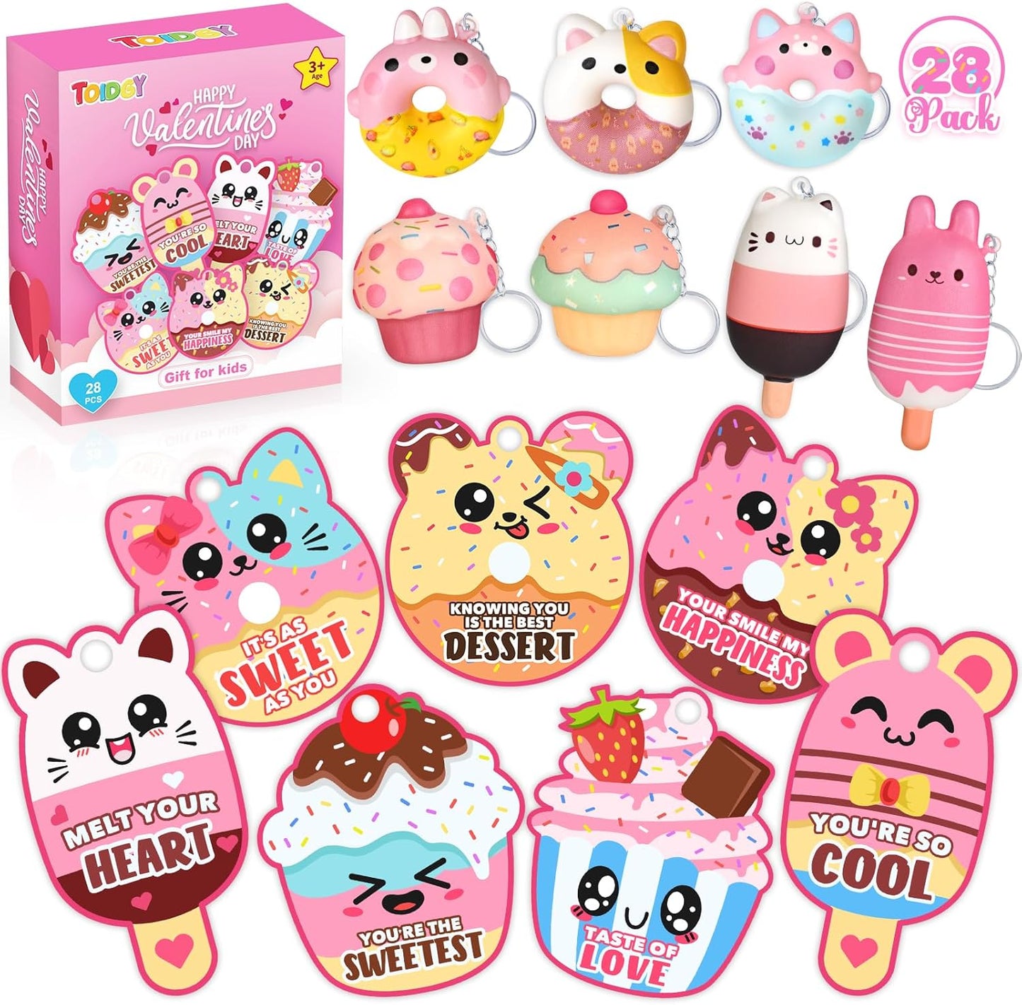 28 Pack Valentines Day Gifts for Kids, Valentines Cards for Kids Classroom Exchange Gift with Dessert Squishy Toys Keychains, Valentines Party Favors and Prizes for Boys Girls