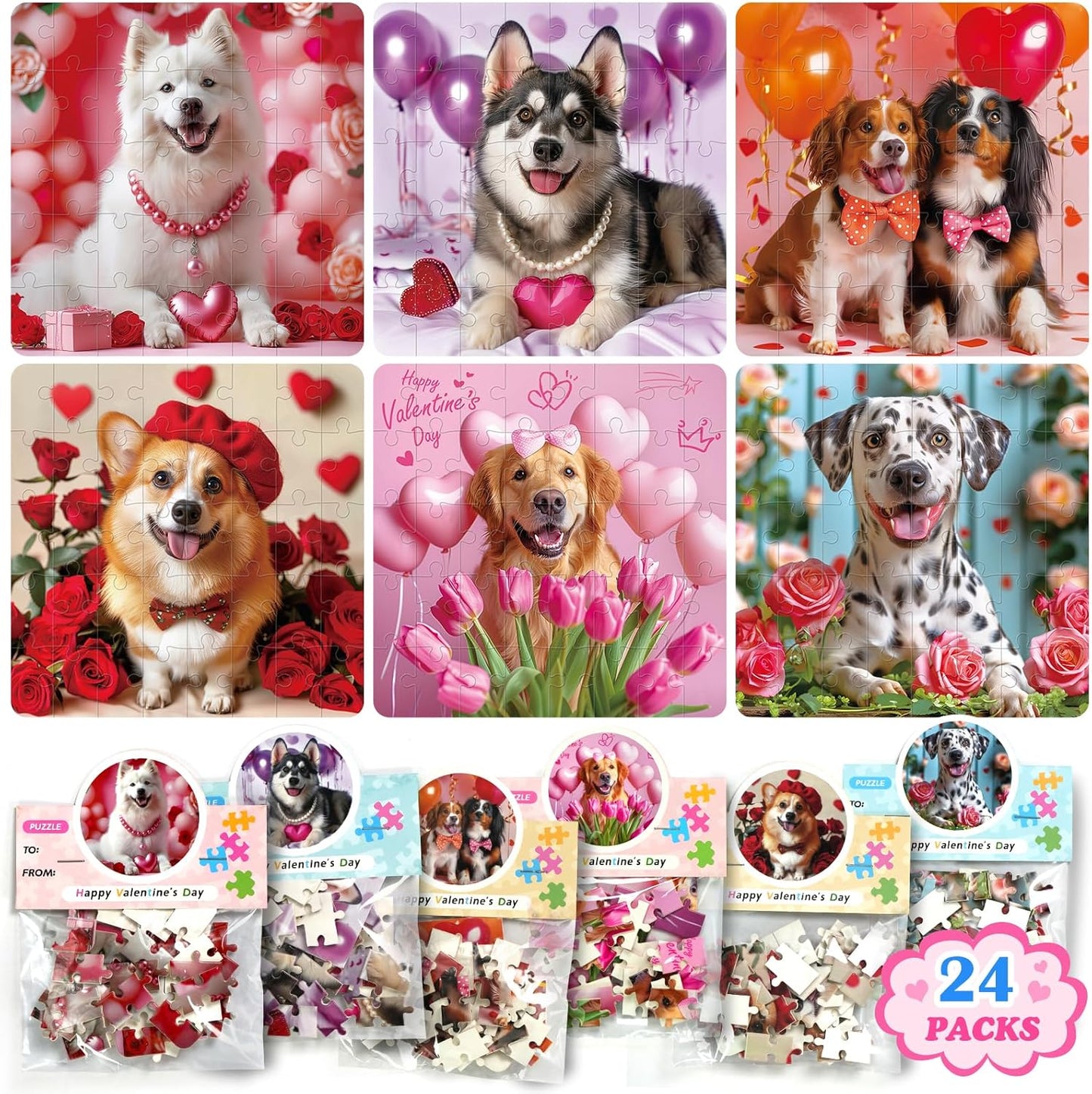 24 Packs Valentine Day Gifts for Kids with Cards Dogs Jigsaw Puzzles Goodies Bags Classroom Gifts Exchange for Boys and Girls