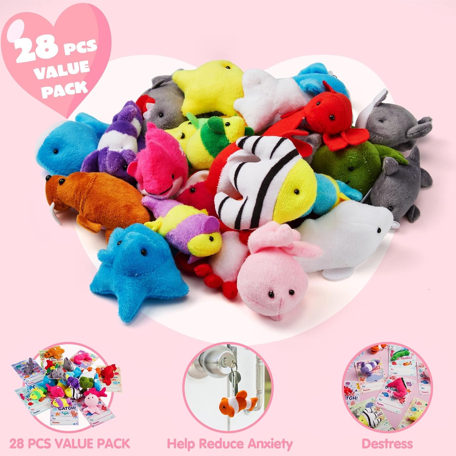 28 Pack Valentines Day Sea Animal Plush Keychain for Kid with Cards, Valentine Party Favor for Classroom Exchange Gift