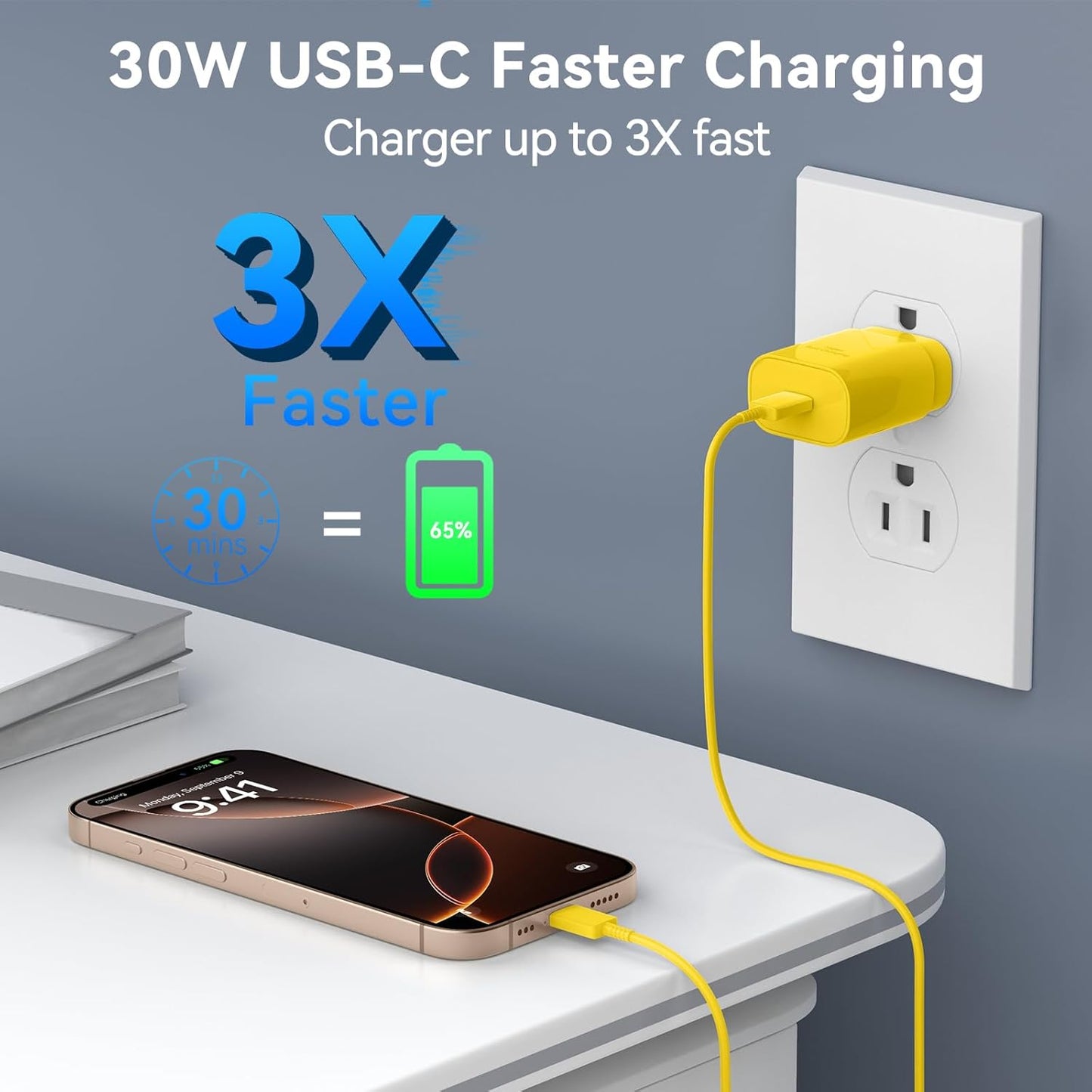 USB C Phone 16 15 Pro Max Charger Fast Charging Block, 30W USB C Charger with 10FT USB-C Fast Charging Long Cable Cord for Phone 16 Pro Max/16 Pro/16 Plus/16/15 Promax/15Pro/15Plus/15 Galaxy-Yellow