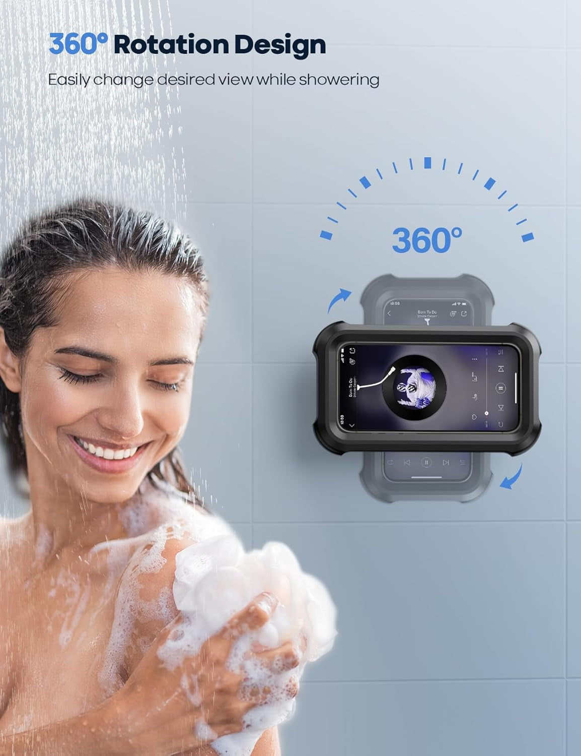 Shower Phone Holder Waterproof - 480° Rotatable Retractable Adjustable Shower Phone Case Holder, Bathroom Wall Phone Mount Stand Water Proof Case, Shower Accessories for 4-7" Phones, Black