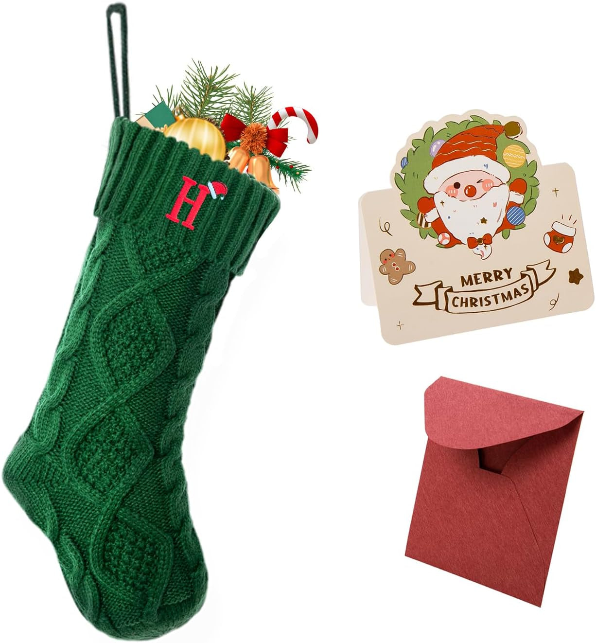 Christmas Stockings with Initials, 18’’ Large Embroidered Monogram Knit Christmas Stocking,Xmas Stocking for Kids, Holiday and Family Stocking for Fireplace or Party Decoration Green Letter H