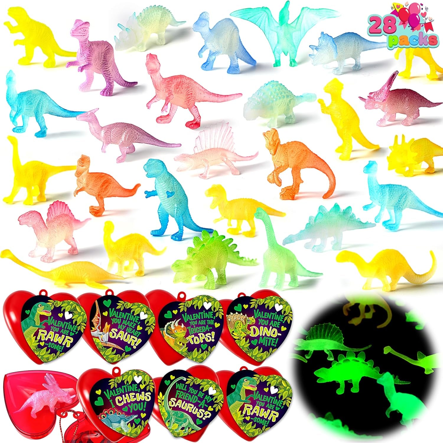 28 Packs Valentines Day Greeting Cards with Glow in Dark Dinosaur Toys and Heart Shells for Valentine Kids Party Favor, Classroom Exchange Prizes, School Gift Rewards