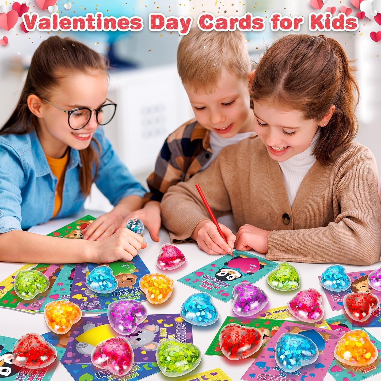 24 Pack Valentines Day Cards for Kids School, Valentines Heart Stress Balls with Greeting Cards for Kids, Valentines Day Gifts for Kids Classroom, Stress Relief Toys for Valentine'S Party Favor Prizes