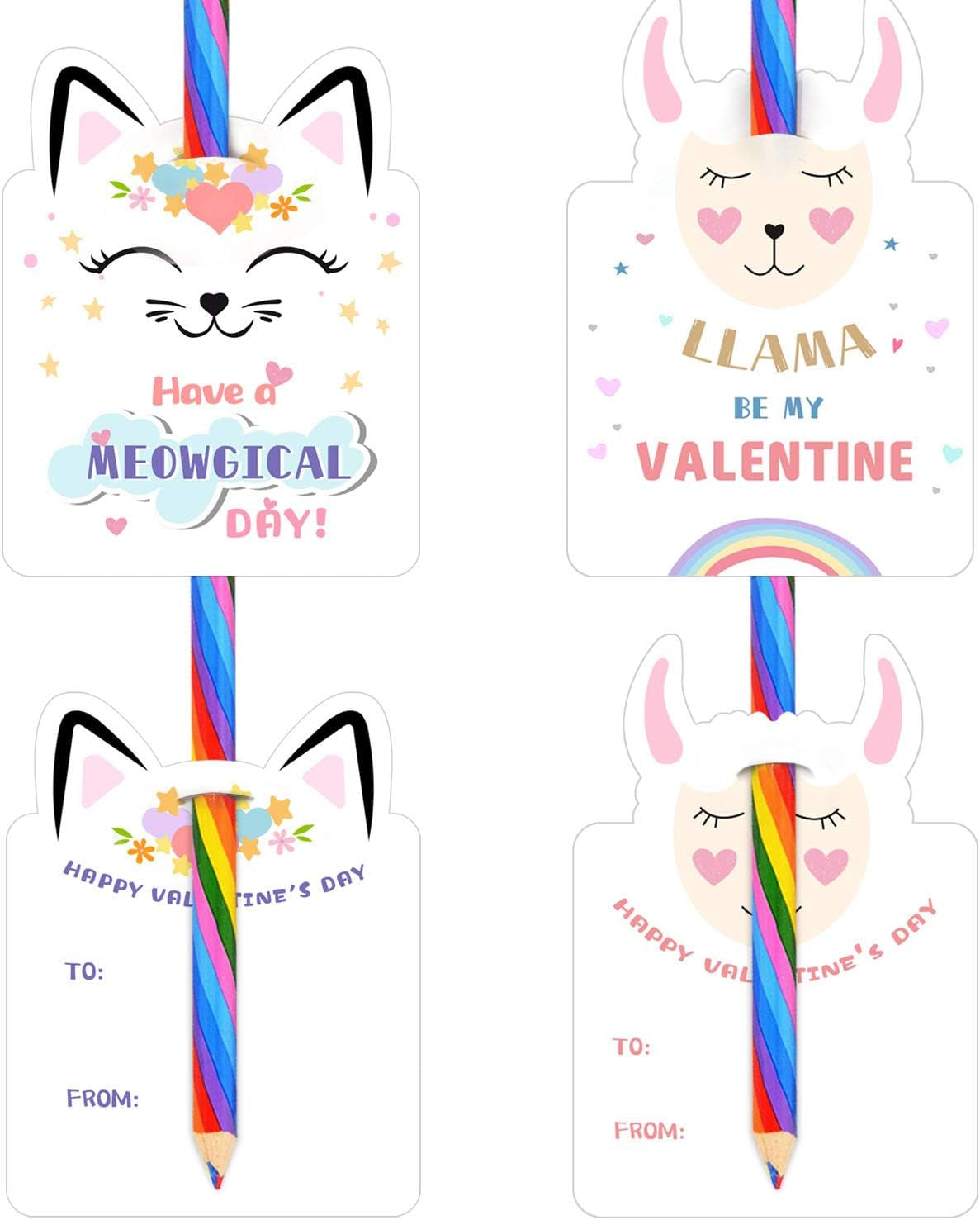 Valentines Day Cards for Kids - Set of 24 Rainbow Pencils Unicorn Valentines - Class Party Favors Valentine Day Cards Exchange Bulk for Girls Boys School Classroom Supplies