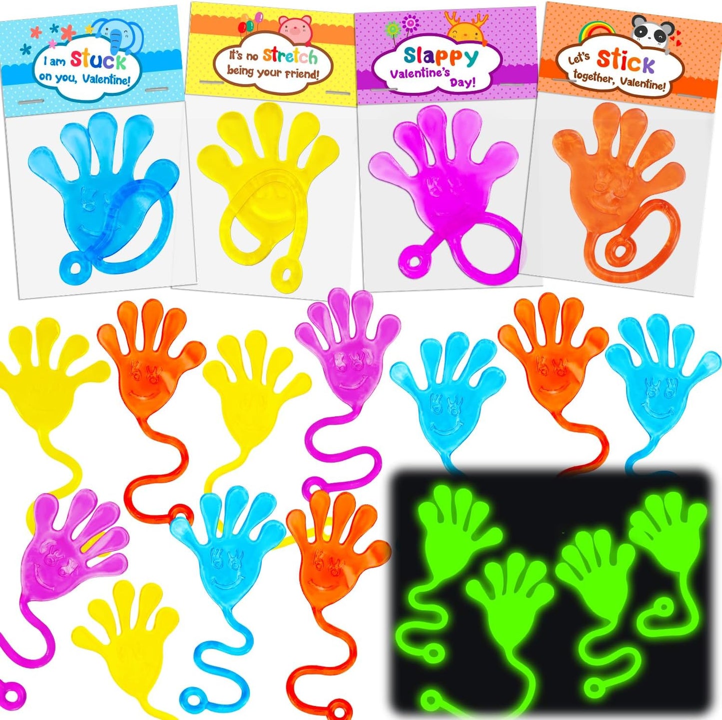 Valentines Day Cards for Kids Classroom Exchange Gifts 28 Pcs Glow in the Dark Sticky Hands Valentine Party Favor Supplies Stuffer Greeting Cards Filler Kids Stretchy Student Class Prize Bulk Toy