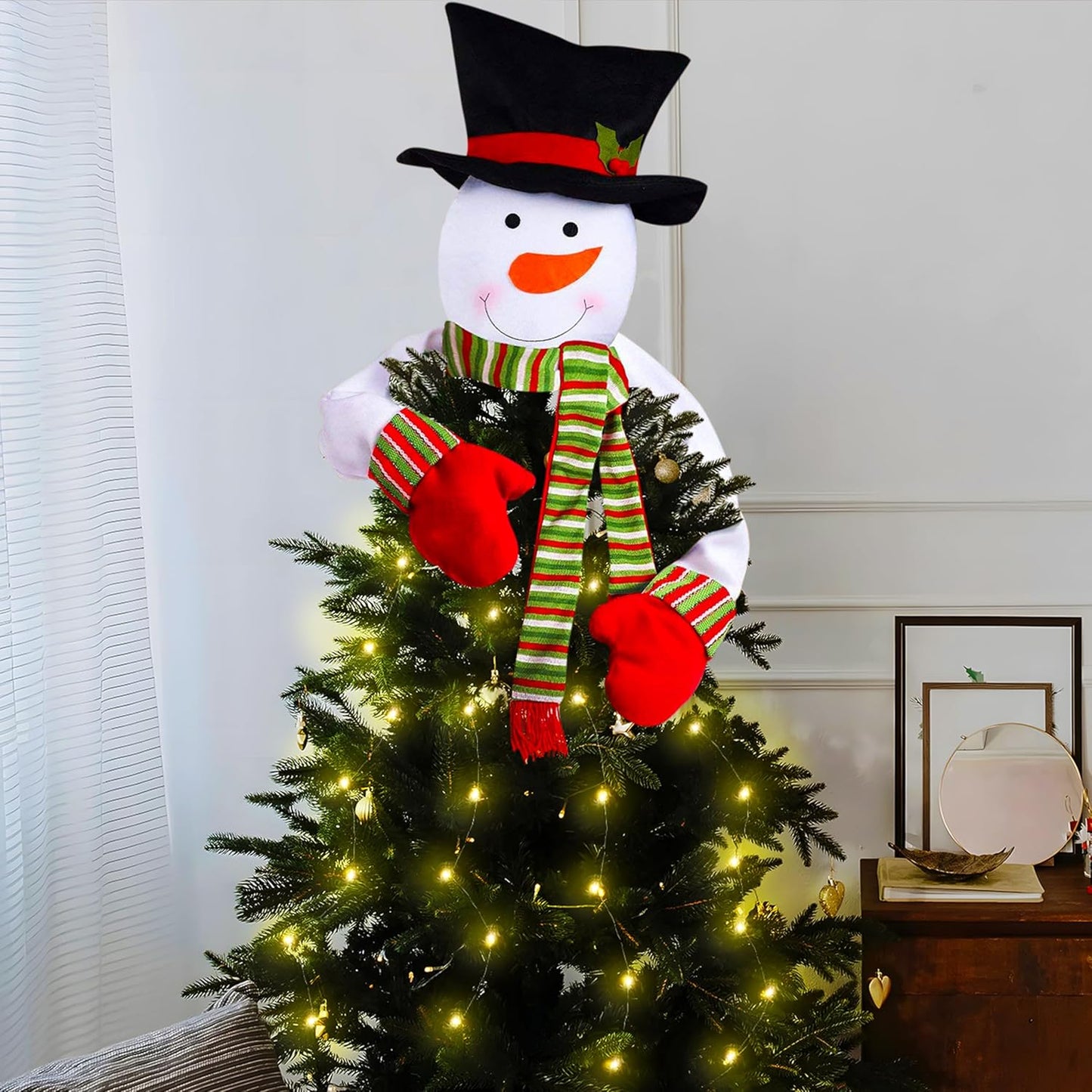 Christmas Tree Topper Snowman Hugger with Lights Strips - Xmas Holiday Winter Wonderland Party Decoration Ornament Supplies