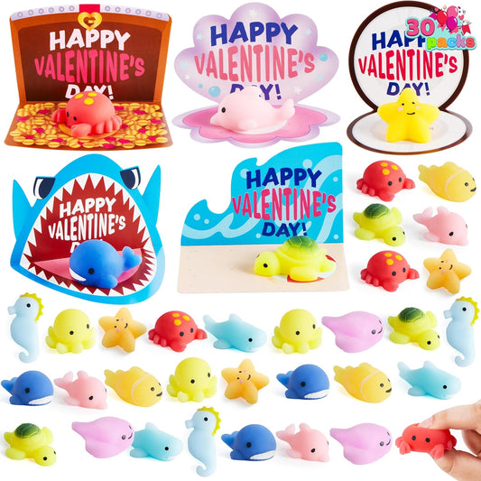 30 Packs Valentine Day Gift Cards with Mochi Squishy Toys, Stress Relief Fidget Toys, Kawaii Mochi Squeezes for Kids Holiday Party Favor, Gift Goodie Bag Filler, Classroom Exchange Prizes