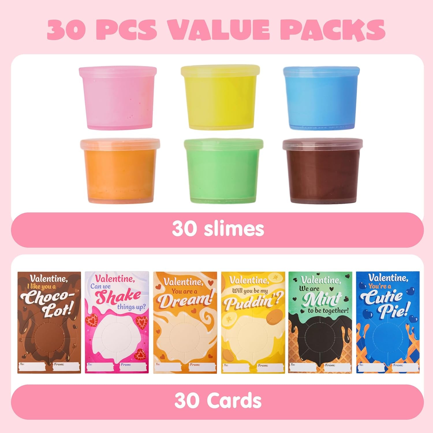 30 Packs Valentines Day Cards with Butter Slime, 6 Colors Slime Party Favors, Stress Relief Fidget Toys and Gift Cards for Kids Valentine'S Day Classroom Exchange Prizes