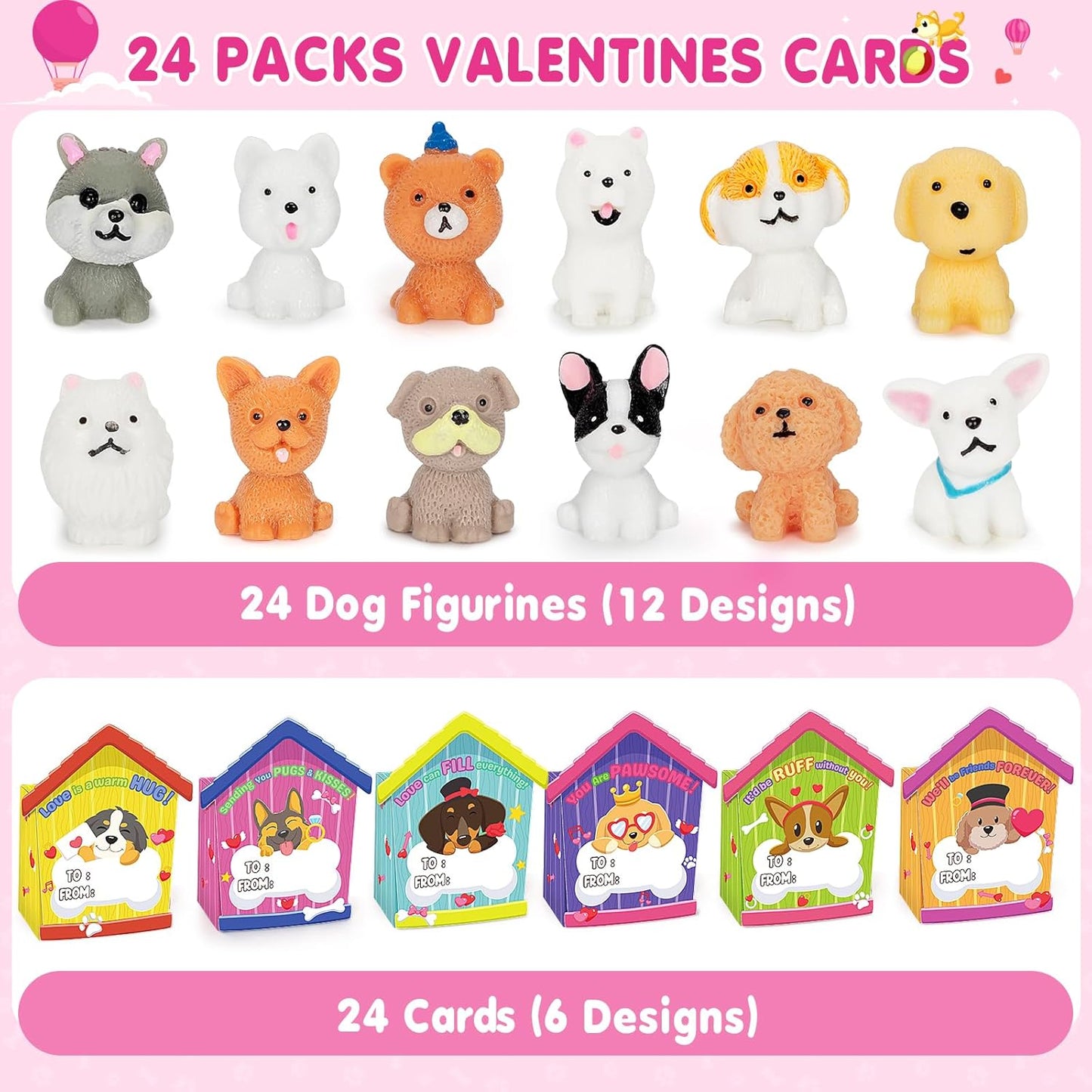 24 Pack Valentines Day Cards with Dog Figurines, Valentines Day Gifts for Kids of Puppy Miniature Toys, Kids Valentines Day Cards Box & Resin Mini Dog Toys, Valentines Party Favors for Boys Girls