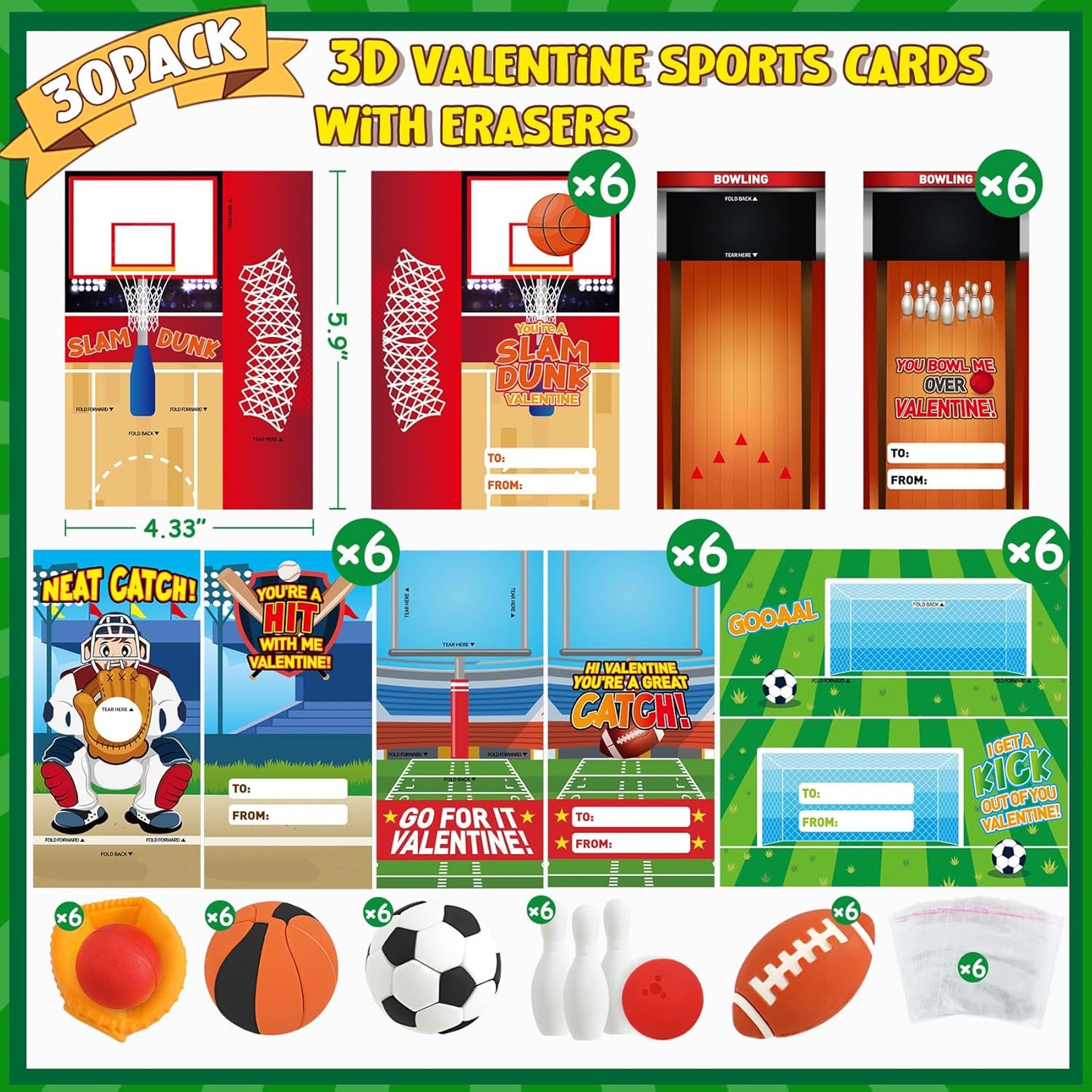 30 Pack Valentines Cards for Kids Classroom with Mini Sports Ball Erasers Bulk, Valentines Day Gifts for Kids School Class, Ideal Valentine Exchange Gift and Party Favors Prizes for Boys Girls