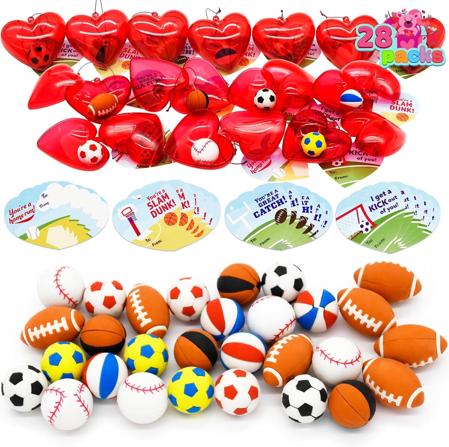 28 PCS Valentines Day Cards for Kids, Sports Balls Erasers Filled Hearts and Valentine Cards Gifts for Kids Classroom Exchange Prizes