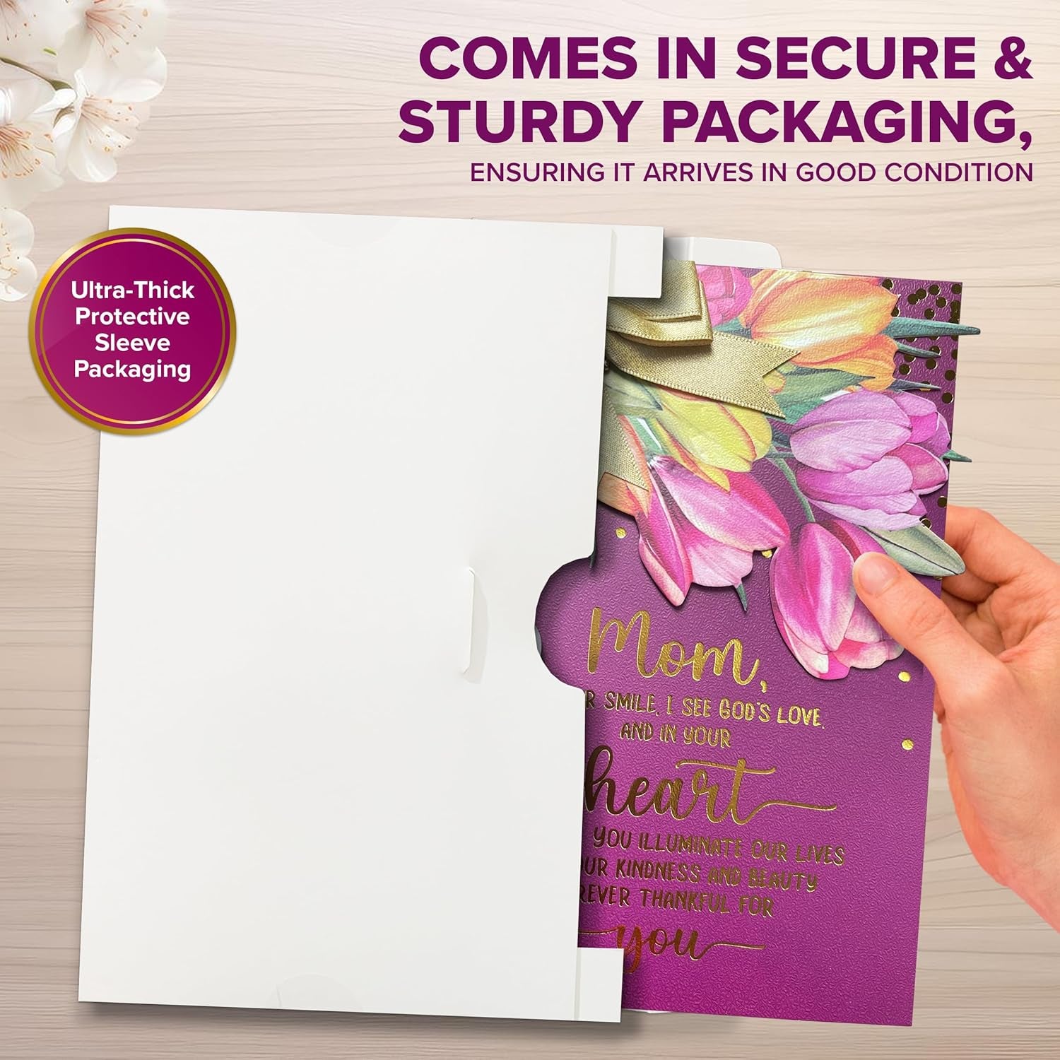 Gold Foiled 5X7In Individual Religious Mothers Day Cards for Mom with Vibrant Tulip Cutout, Gold Ribbon and Die-Cut Heart Charm, Card Set with Envelope and Stickers, Printed Message Inside