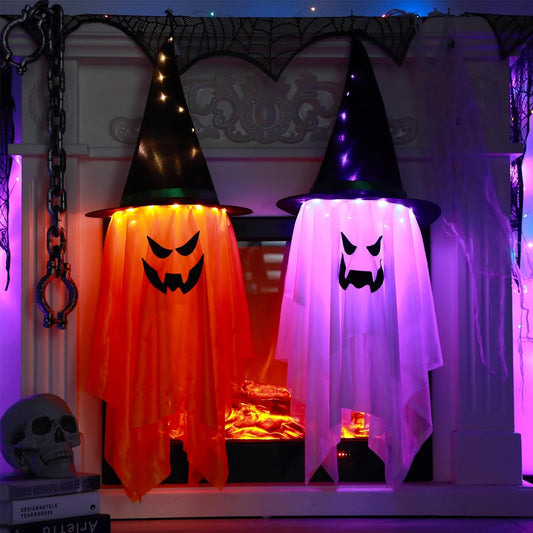 Halloween Decoration Outdoor 2 Pcs Large Size Halloween Lighted Glowing Ghost Witch Hat Outdoor Ornaments Hanging Ghosts Decorations for Halloween Party Indoor Outdoor Home Tree Garden Yard