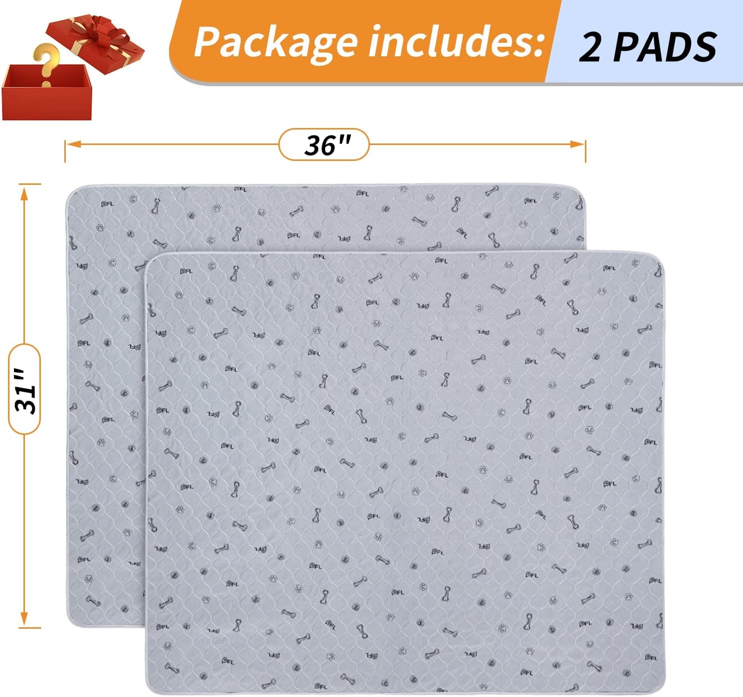 Washable Pee Pads for Dogs, 2Pack Puppy Pads Washable with Bone Print,Absorbent Reusable Whelping Pads Non-Slip Dog Mats for Floor Protector, Couch Cover, Crate, Potty Training 31X36