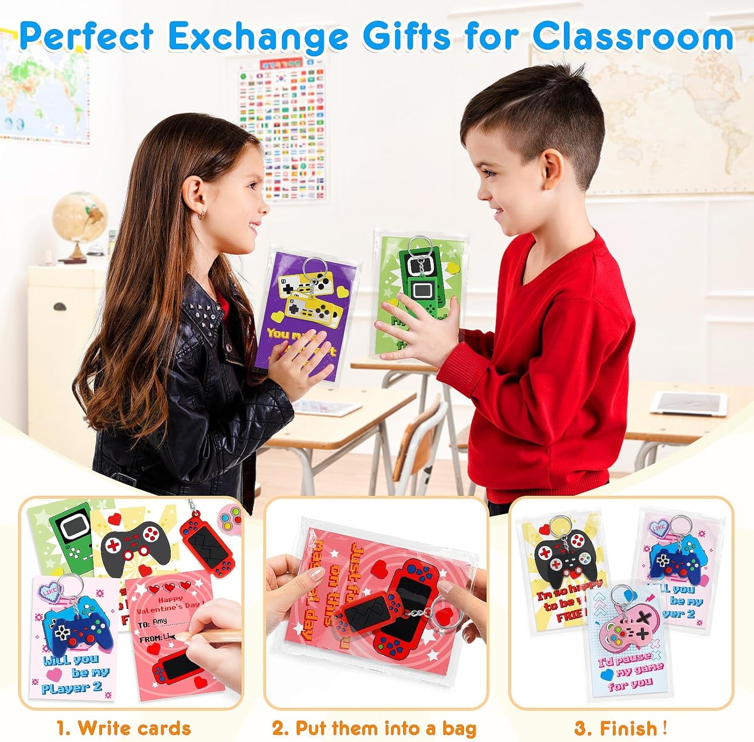 Valentines Gifts Cards for Kids Classroom, 30 Pack Game Console Keychain with Cards, Valentines Day Exchange Prizes for School, Valentines Party Favors, Valentines Day Gifts for Kids