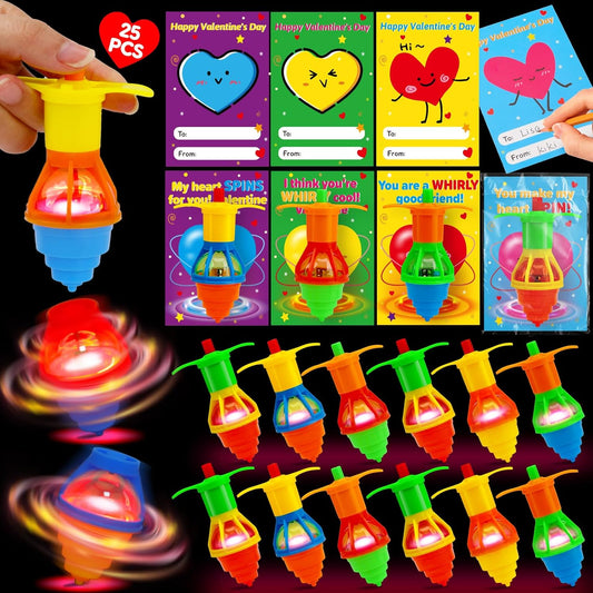 25PCS Valentines Day Gifts for Kids Classroom with Light up Spinning Top, Kids Valentine Day Cards for School Toddler Boys Girls Student Exchange Gifts Prize for Kid Valentine'S Party Favor Treat Bulk