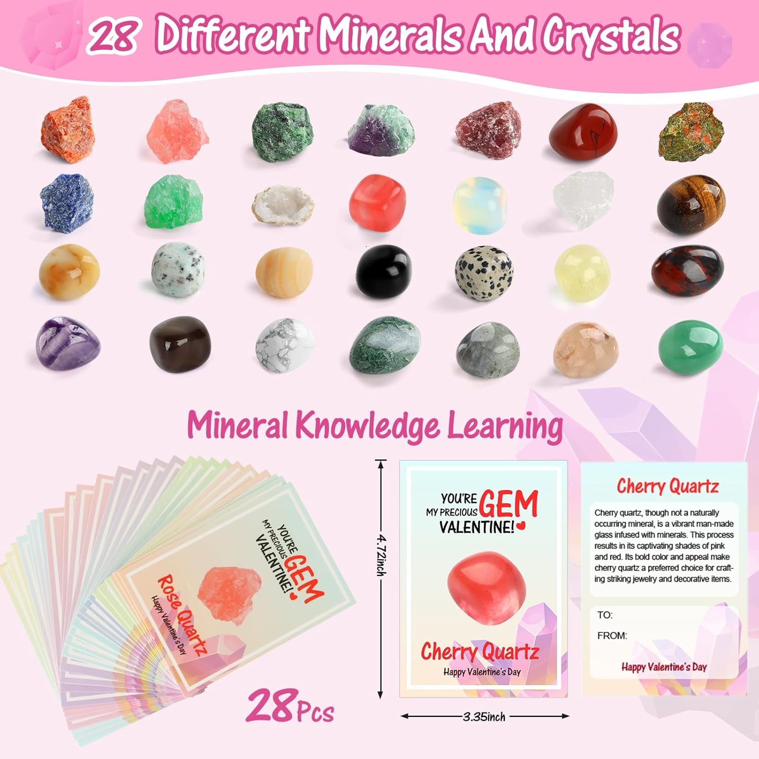 Valentines Day Gifts for Kids - 28 Pack Valentine Day Exchange Cards & Natural Gemstone Crystals Rocks Minerals Bulk,Valentines Day Cards for Boys Girls Classroom Party Favors