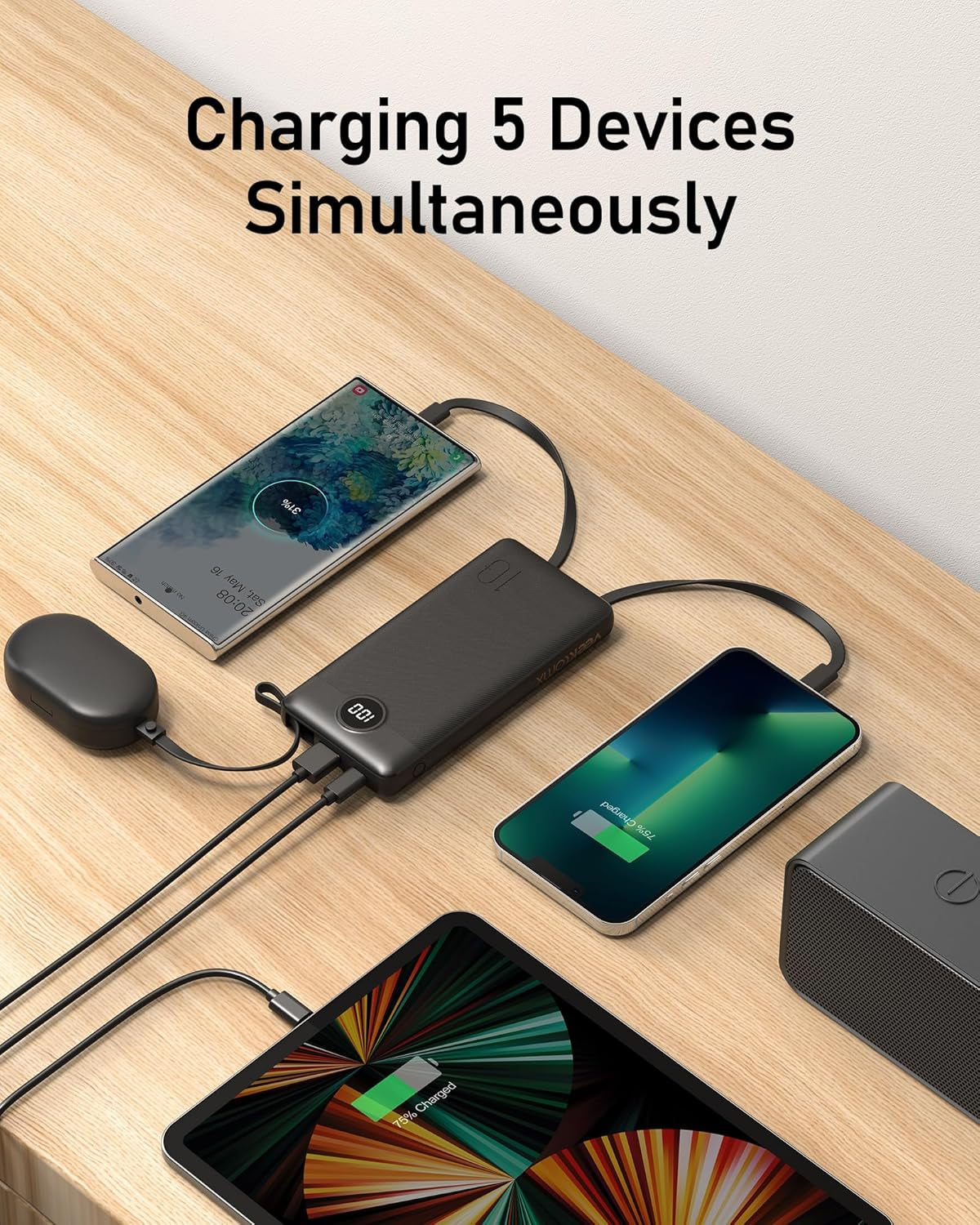 Portable Charger with Built-In Cables 10000Mah Power Bank for Iphone Slim Fast Charge USB C Battery Pack Travel Essentials Powerbank Compatible with Iphone, Samsung, Android, Etc