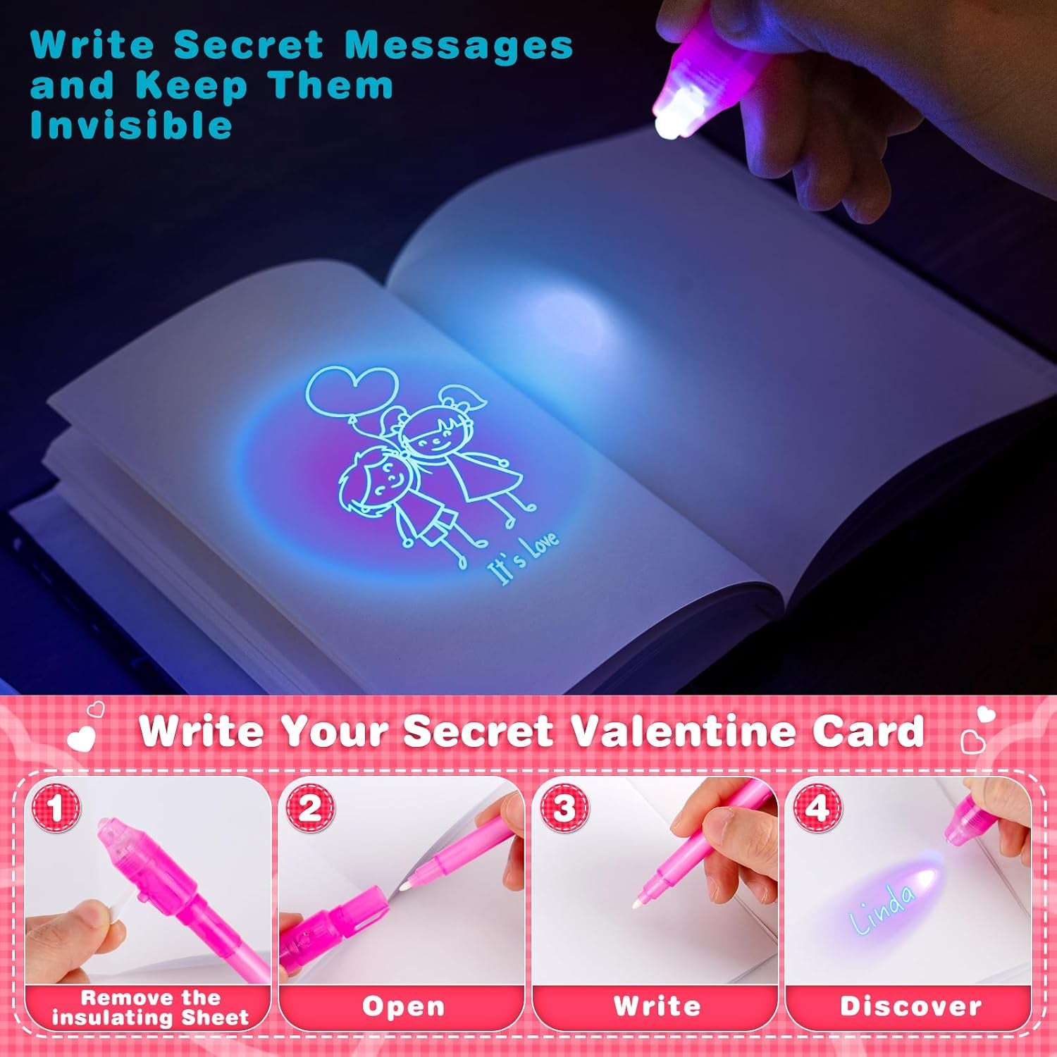 Valentine'S Day Gifts Cards for Kids，28 Pack Invisible Ink Pen with Greeting Cards for Kids Classroom Exchange Prizes, Magic Pen with UV Light for Secret Message, Valentine School Party Favors