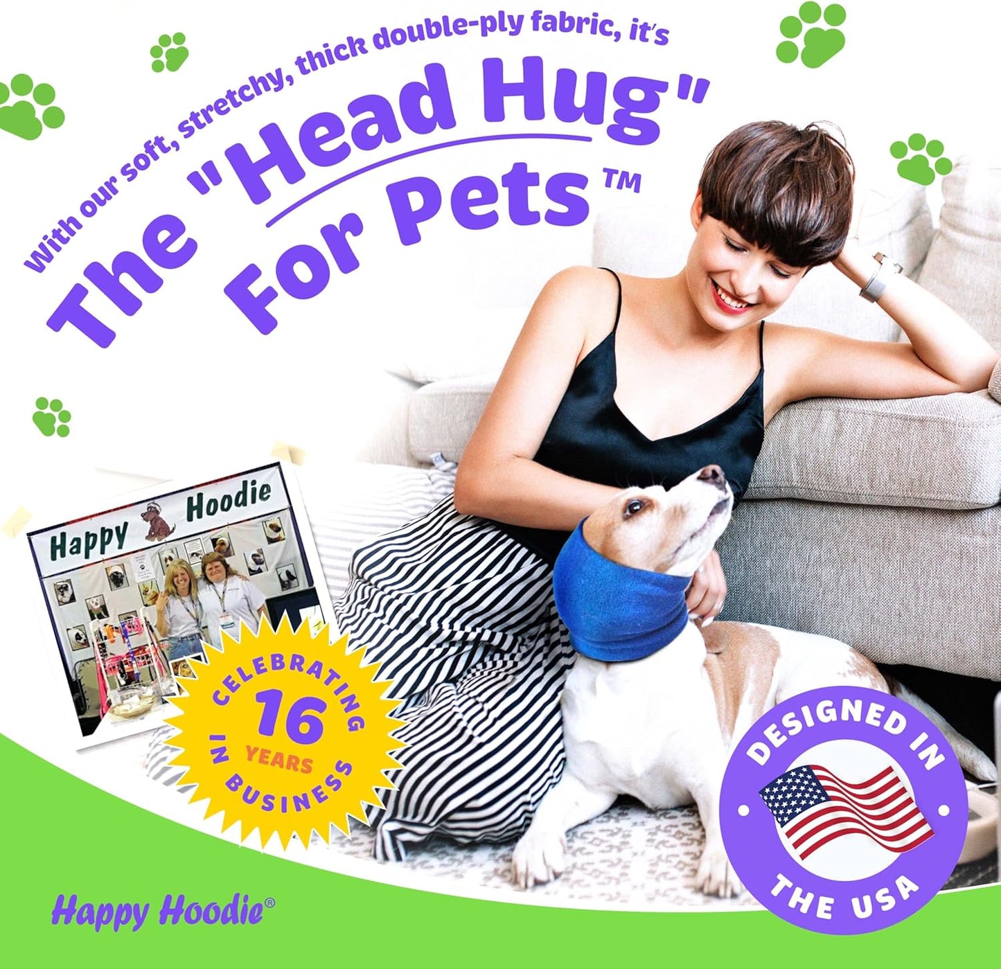 Happy Hoodie the Original Dog & Cat Calming Band, Anxiety Relief/Noise Protection-Grooming-Thunder-Fireworks (Large, Purple)