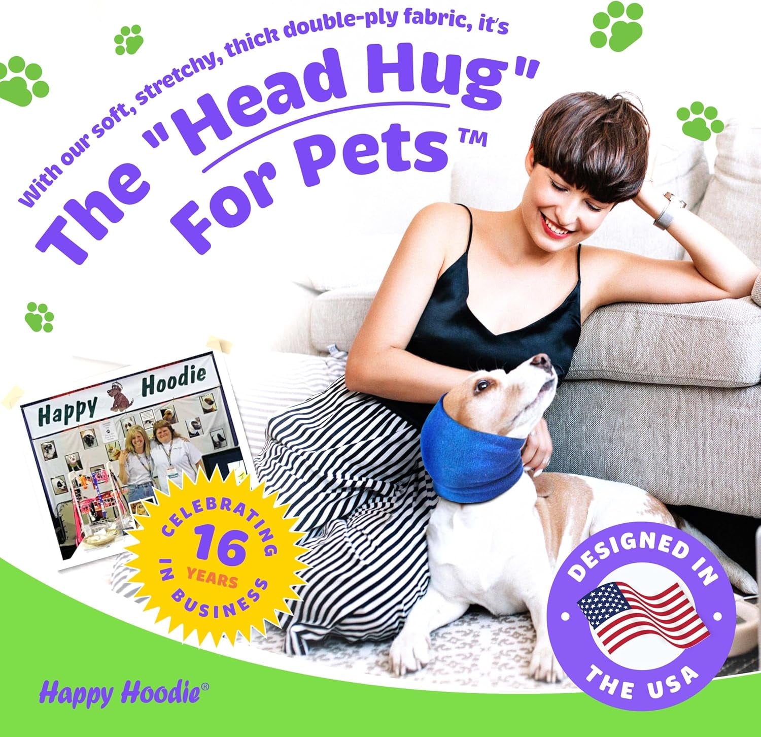 Happy Hoodie the Original Dog & Cat Calming Band, Anxiety Relief/Noise Protection-Grooming-Thunder-Fireworks (Large, Purple)