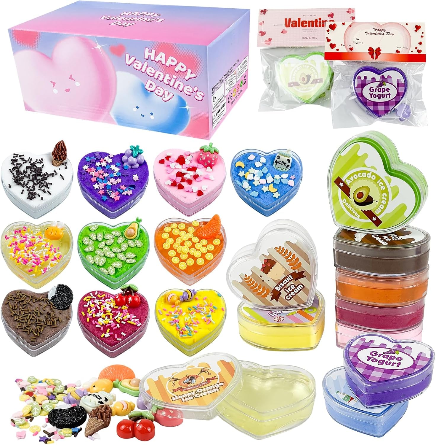 24Pcs Valentines Slime Hearts with Cards for Kids' Valentine Gift Classroom Exchange Party Favors for Kids Girls and Boys