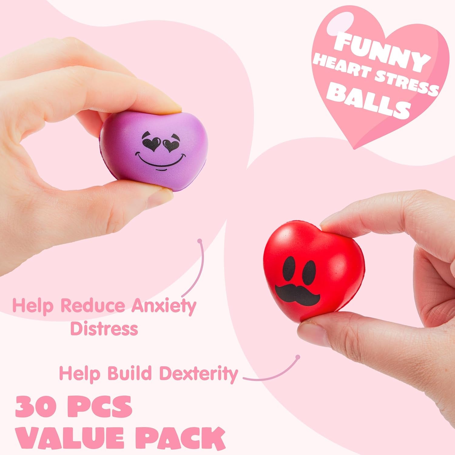 30 PCS Valentine'S Day Heart Stress Balls 1.5"X1.5" for Kids, Squishy Toys Slow Rising for School Carnival Reward, Valentine Party Present Fillers, Valentines Day Gifts, Relieve Stress Toys