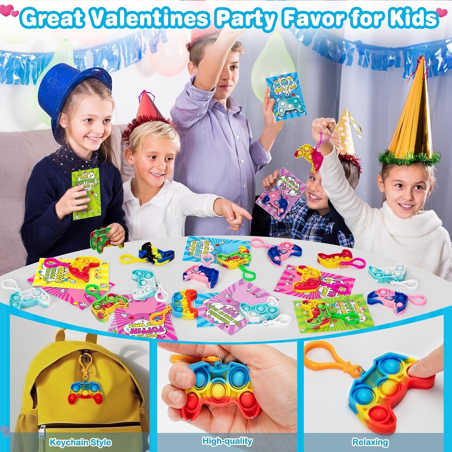 Valentines Cards for Kids Classroom, 24 Packs Game Shape Pop Fidget Keychains Bulk, Class Valentines Gifts for Kids, School Exchange Prizes & Party Favors for Boys Girls