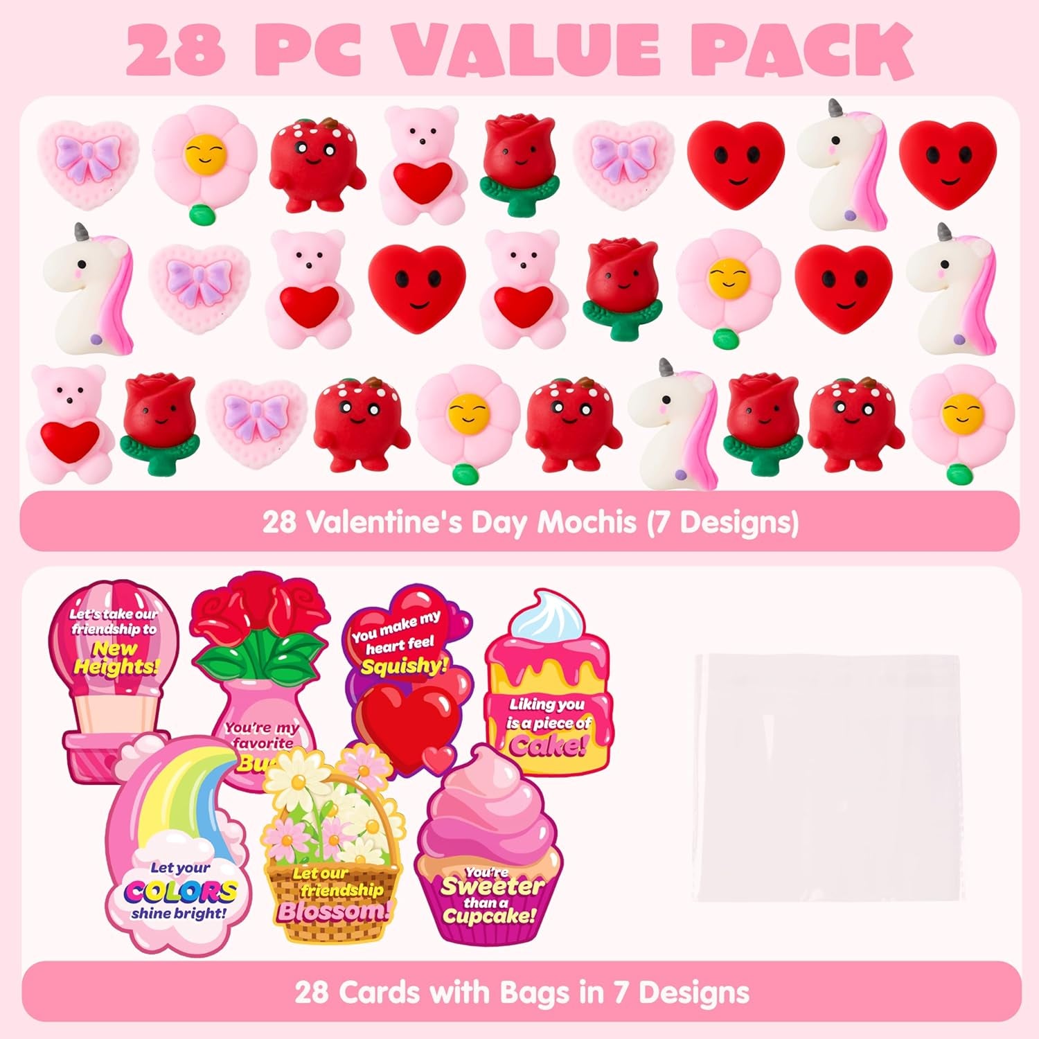 28 Packs Valentine’S Day Gift Cards with Mochi Toys, Stress Relief Fidget Toys, Cute Miniature Novelty Squeeze Toys for Kids Valentine'S Party Favors, School Exchange and Goody Bag Fillers