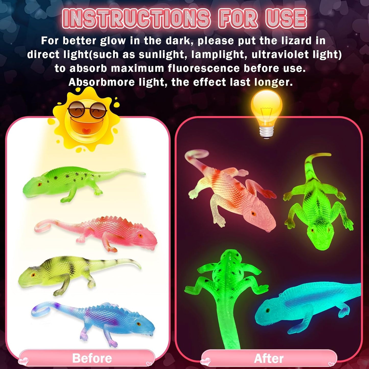 Valentines Cards for Kids Classroom,24 Pack Valentines Day Gift Cards with Glow in the Dark Lizards Toy ,Valentine Exchange Cards for School Class Prize,Bulk,Valentine Party Favor Toy for Kids