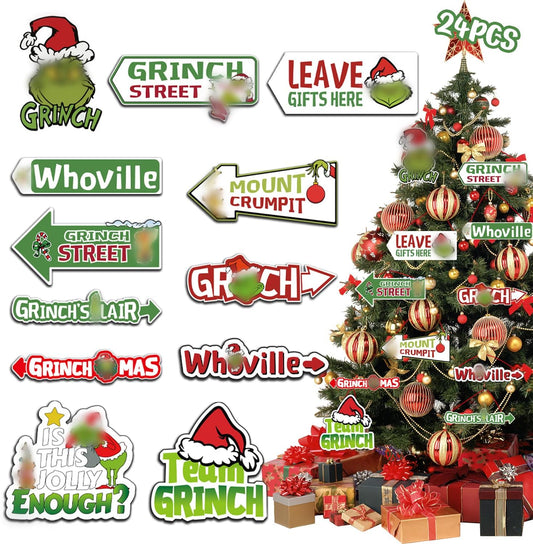 Griinchs Christmas Decorations - 24 PCS Double Sided Christmas Tree Decor Paper Cards Signs Ornaments, Xmas Cute Christmas Decorations for Home Indoor Party Wall, Christmas Tree Ornaments Decorations