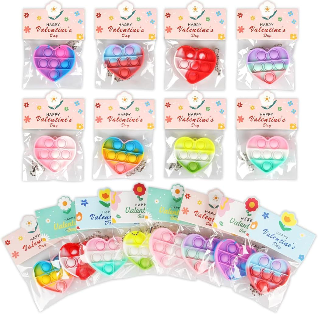 32 Pack Valentine'S Day Heart-Shaped Pop Fidget Toys for Kids, Classroom Bulk Gifts with Keychains & Cards, Perfect for School Party & Class Exchanges