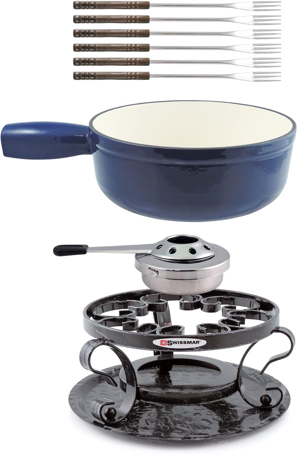 Wissmar Lugano Cast Iron Cheese Fondue Set, 9-Piece, 2 QT / 2 L - Ideal for Melting Cheese, Chocolates, Caramel, & More - Perfect for Kitchen Collection & Gift Giving - Deep Blue