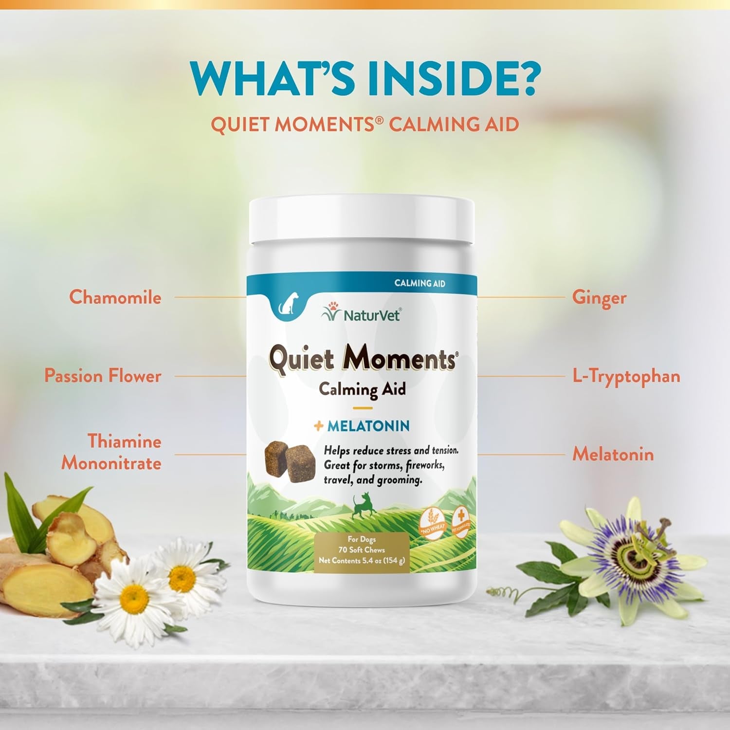 Quiet Moments Calming Aid Dog Supplement – Helps Promote Relaxation, Reduce Stress, Storm Anxiety, Fireworks, Motion Sickness for Dogs – Tasty Pet Soft Chews with Melatonin – 70 Ct.