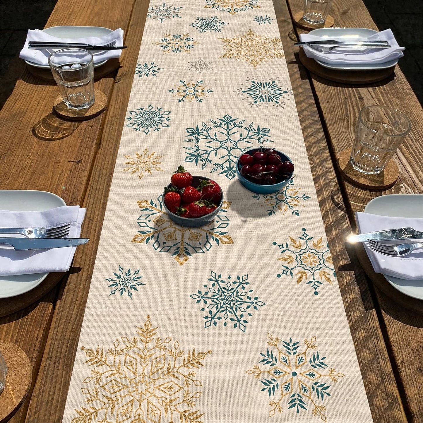 Winter Snowflakes Table Runner, Gold Blue Tabletop Scarf Home Kitchen Christmas Holiday Decor Sign, Seasonal Farmhouse Rustic Burlap Dining Decorations Party Supplies 13 X 72 Inch