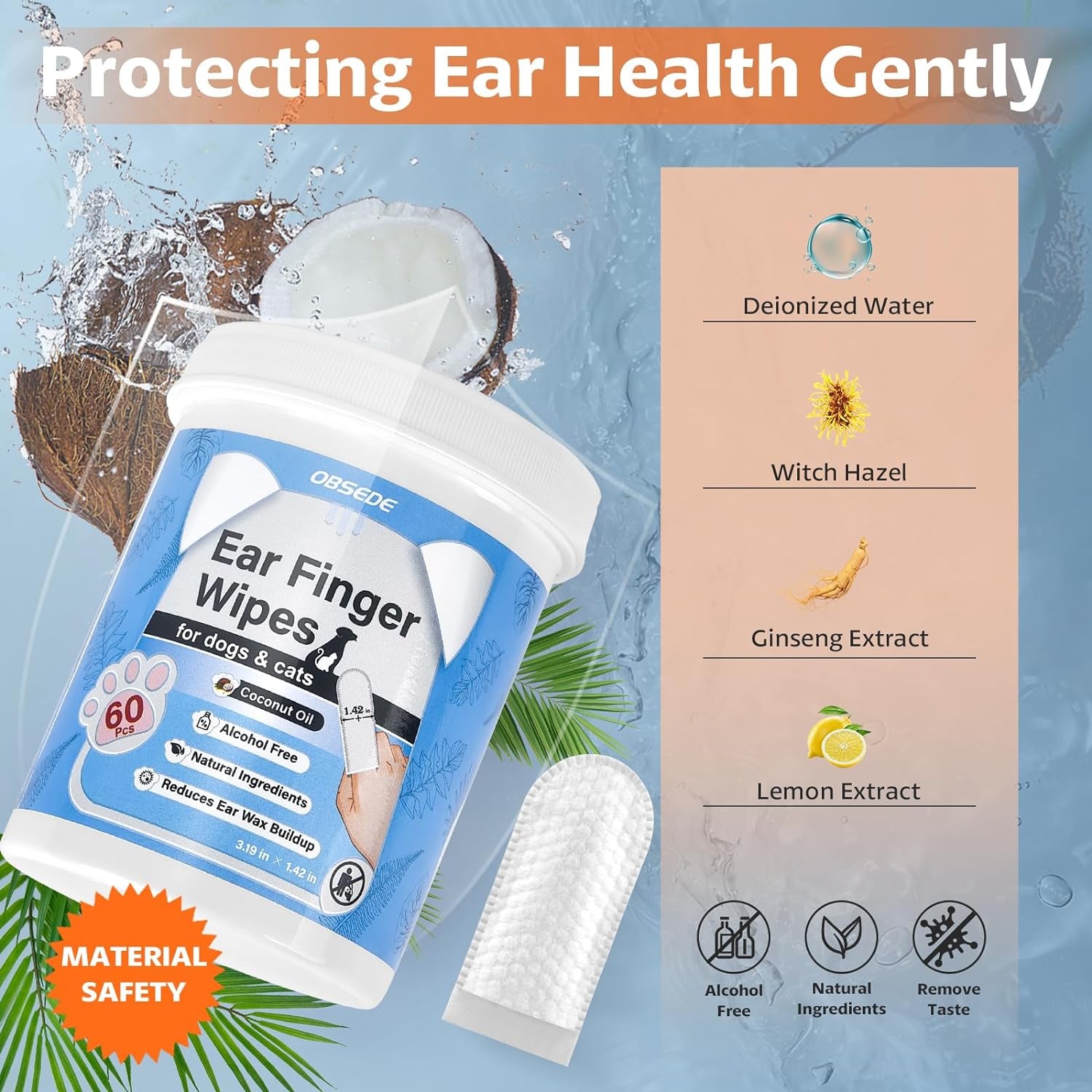 Ear Cleaner Finger Wipes, Grooming Kit Care for Dogs and Cats Regular Soothing Odor Control Reduce Dirt Wax Build up Pet Supplies Easy to Use Fresh Coconut Scent, 60 Count