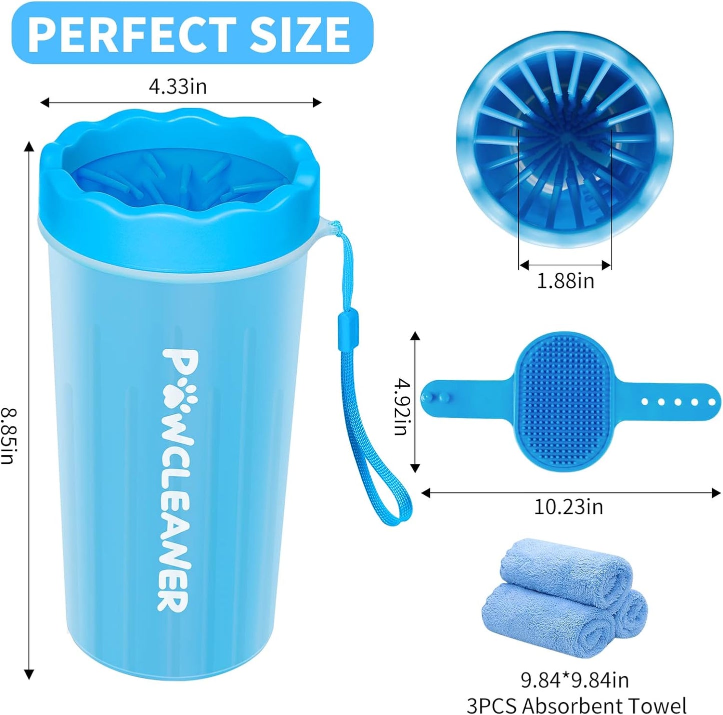 Dog Paw Cleaner with Bath Brush & Absorbent Towels - Adjustable Ring Handle for Long and Short-Haired Dogs (Large, Blue)