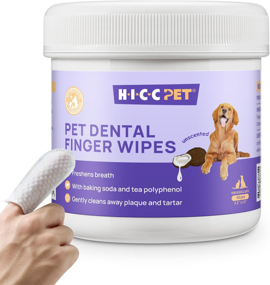 Teeth Cleaning Wipes for Dogs & Cats, Remove Bad Breath by Removing Plaque and Tartar Buildup No-Rinse Dog Finger Toothbrush, Disposable Gentle Cleaning & Gum Care Pet Wipes, 50 Counts