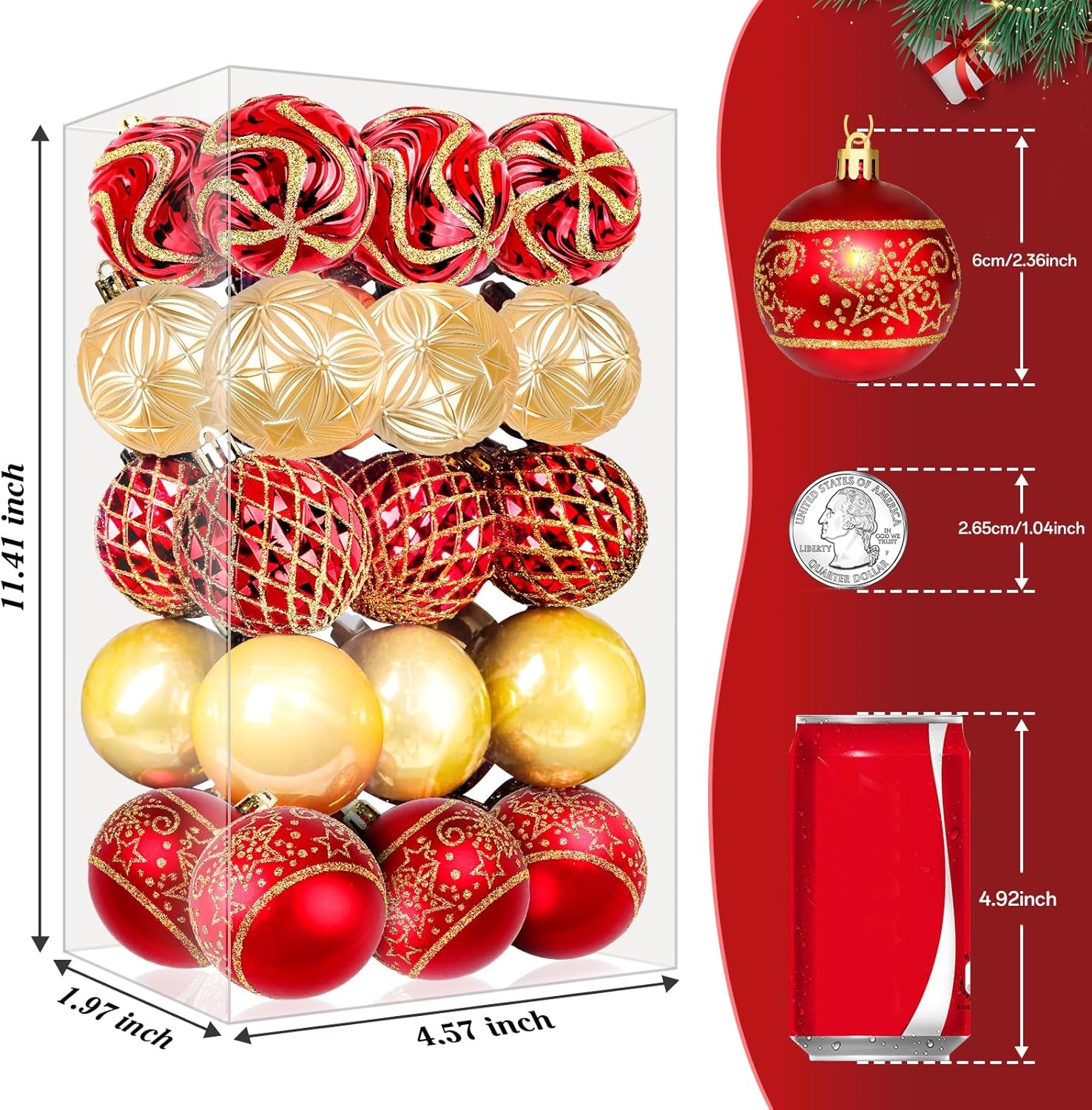 30 PCS Christmas Balls Ornaments, 2.36-Inch Hanging Balls, Shatterproof Plastic Decorative Hanging Ornaments, Christmas Baubles for Xmas Tree Party Christmas Wreath Decoration (Red & Gold)