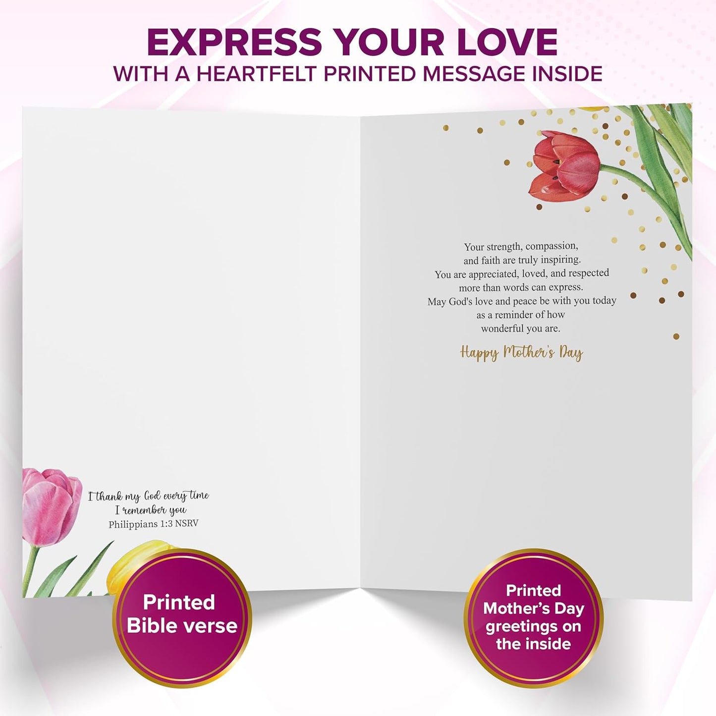 Gold Foiled 5X7In Individual Religious Mothers Day Cards for Mom with Vibrant Tulip Cutout, Gold Ribbon and Die-Cut Heart Charm, Card Set with Envelope and Stickers, Printed Message Inside