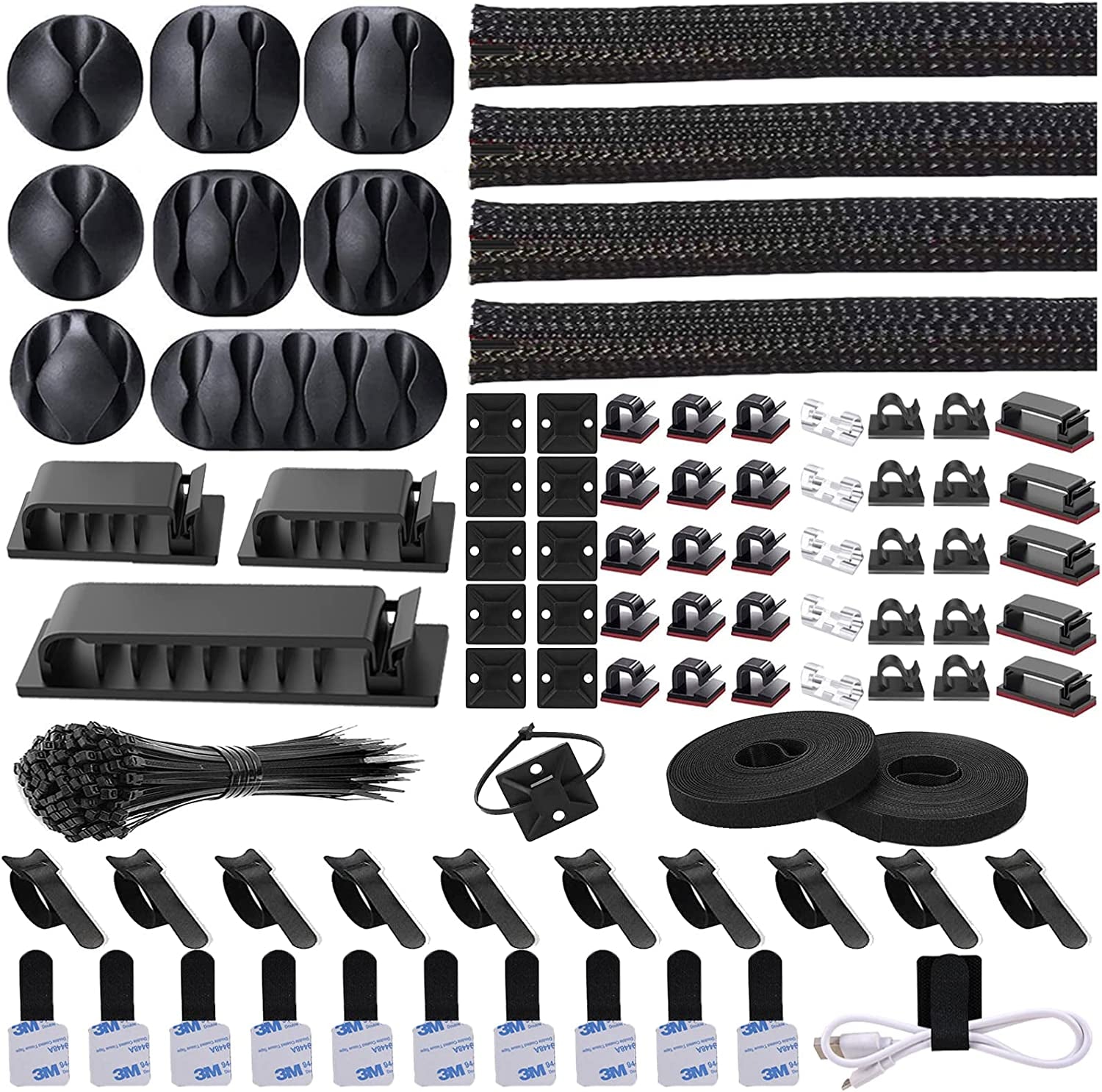 192 PCS Cable Management Kit 4 Wire Organizer Sleeve,11 Cable Holder,35Cord Clips 10+2 Roll Cable Organizer Straps and 100 Fastening Cable Ties for Computer TV under Desk, Black,Clear