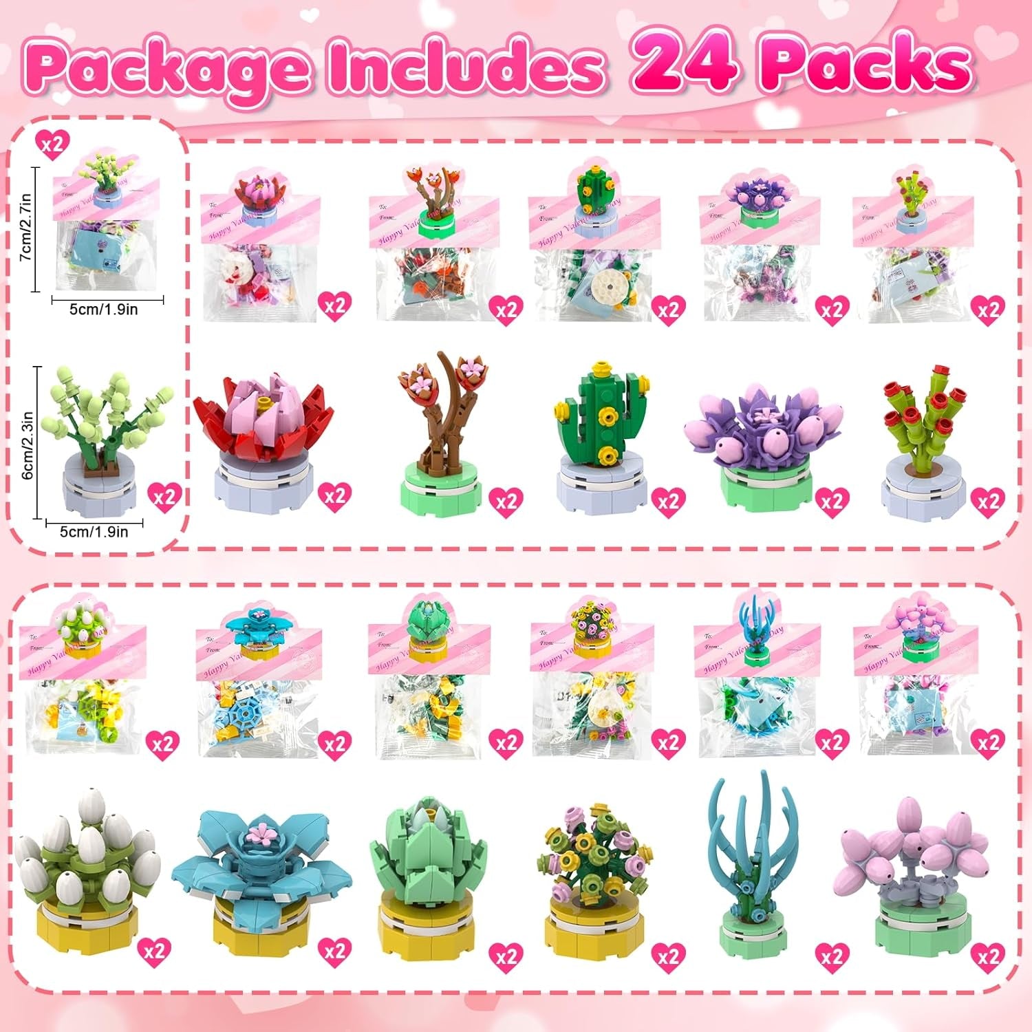 24 Pack Valentines Day Gifts for Kids - Valentines Day Cards for Kids School Classroom with Building Blocks Succulent, Class Exchange Cards for Girls Boys, Valentines Goodie Bag Fillers Party Favors