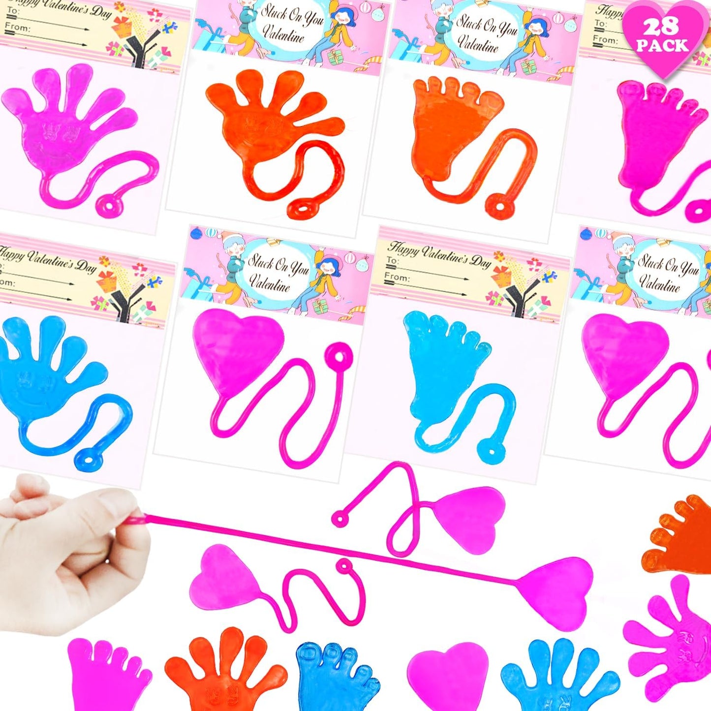 Valentines Day Gifts Cards for Kids Classroom, 28-Pack Sticky Hands Feet Hearts Toys with Class Exchange Cards, Valentines Non Candy Treats Goodies Prizes School Party Favors for Toddlers Boys Girls