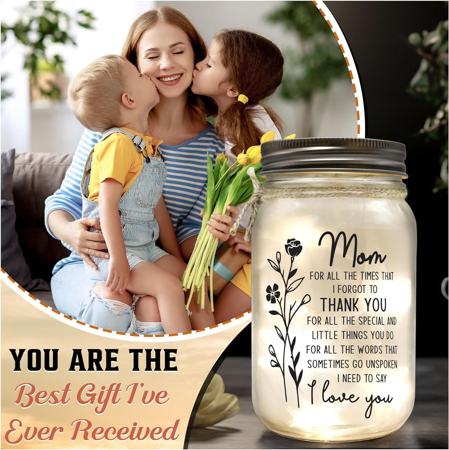 Mason Jar Night Light Mothers Day Gifts for Mom from Daughter, Son, Kids - Birthday Gifts for Mom, Mama - Sentimental Best Mom Gifts - Home Decoration Night