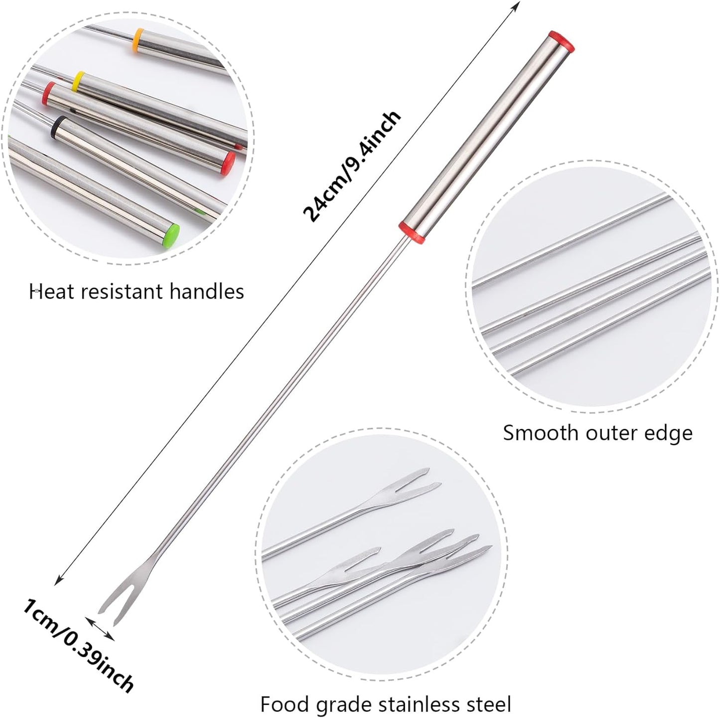 12PCS 9.5 Inch Color-Coded Stainless Steel Fondue Forks, Cheese Fondue Fork Stainless Steel Fruit Fondue Cheese with Heat-Blocking Handle for Chocolate Fountain Cheese