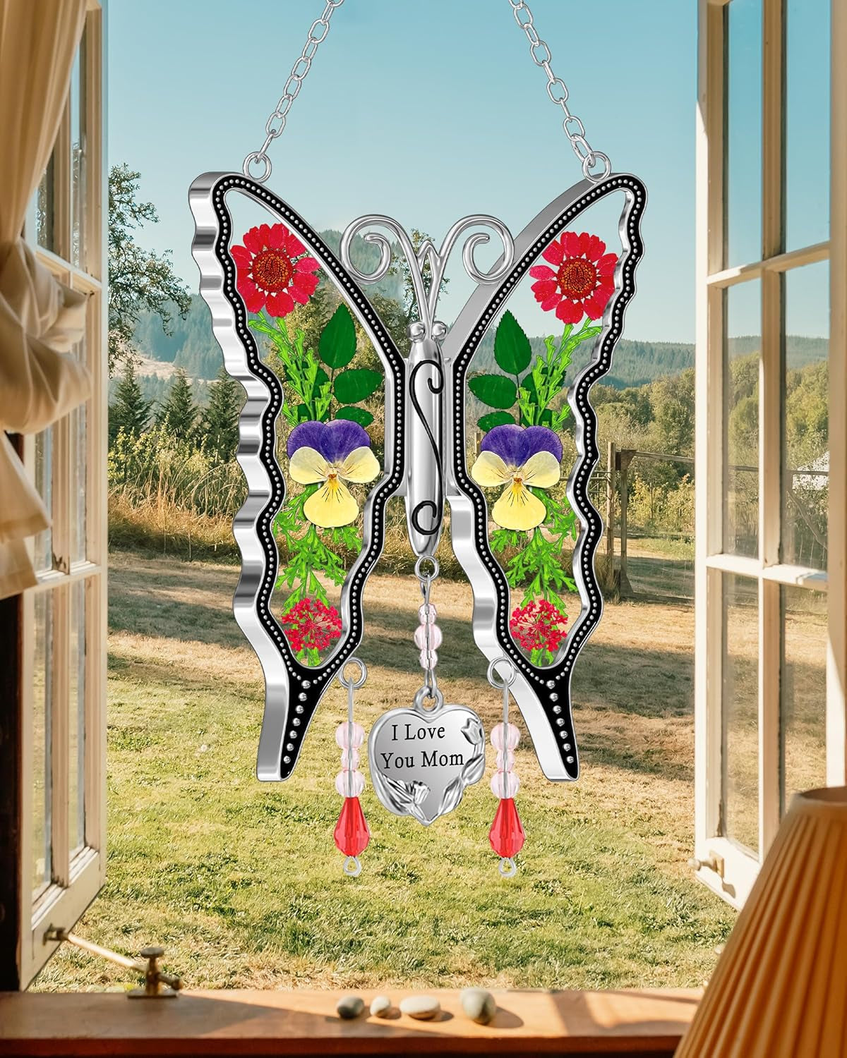 Gifts for Mom Butterfly Suncatcher Mom Gifts Mothers Day I Love You Mom Stained Glass Sun Catcher for Window Hangings Wind Chime Ornament Birthday Gift for Mother`S Day Valentine`S Christmas