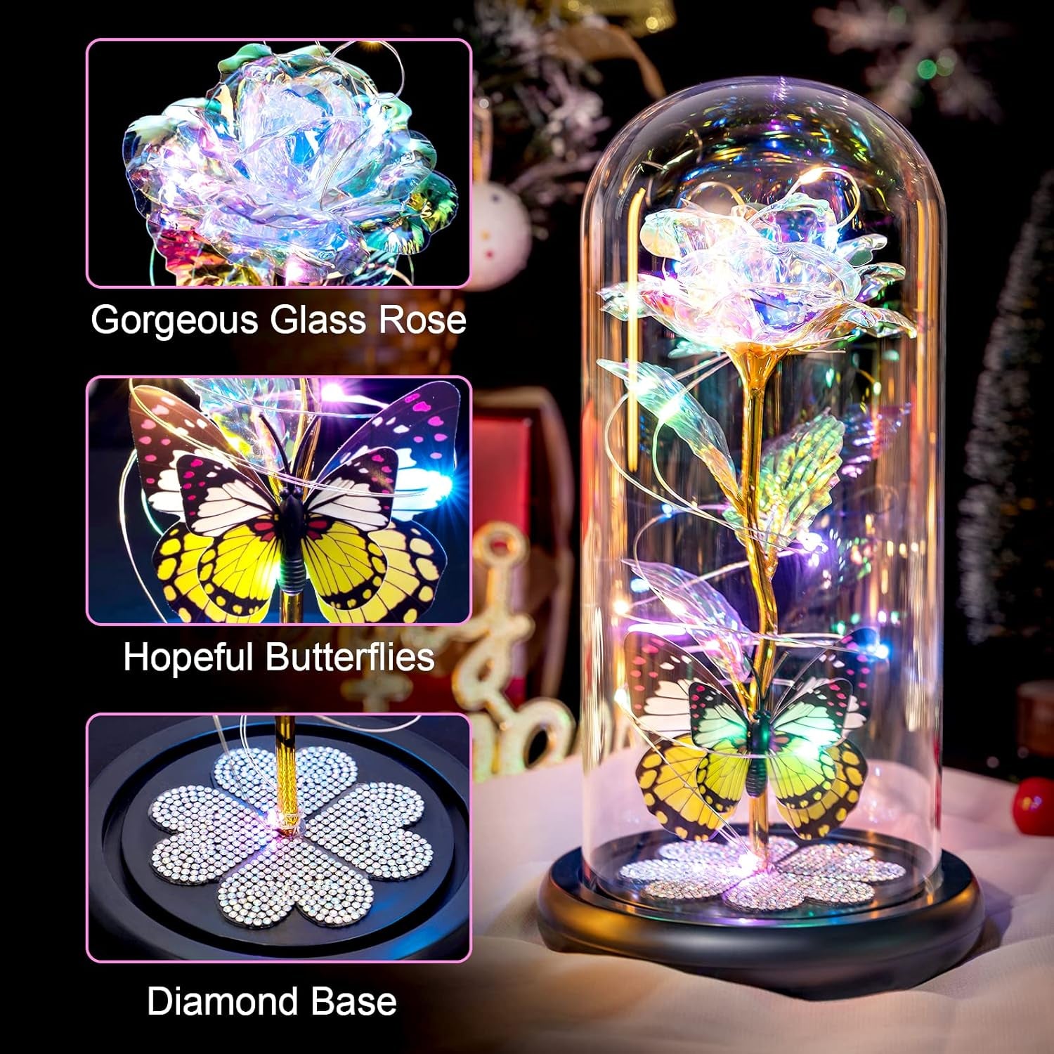 Valentines Day Gifts for Her, Galaxy Glass Rose Forever Eternal Crystal Flower Light up Rose in Glass Dome with Butterfly Birthday Valentine Gifts for Women Daughter Mom Wife Girlfriend Colorful