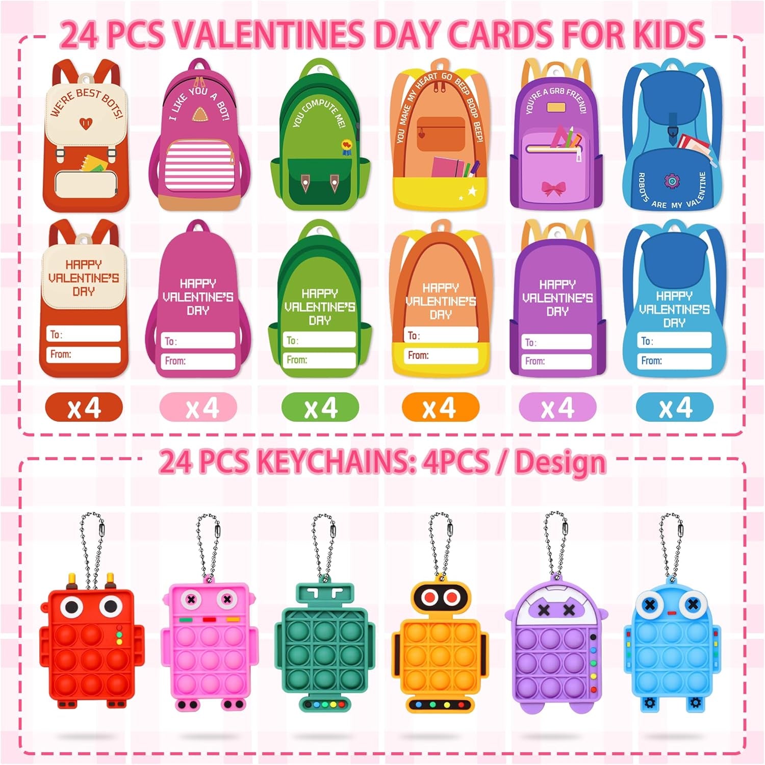 24 Pack Valentines Day Cards Gifts for Kids School Classroom, Pop Fidget Keychains Valentines for Kids Class Prizes Robot Valentines Boys Girls Valentines Day Party Favors Treats Goodie Bag Stuffers